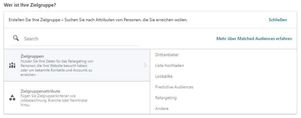 LinkedIn Ads Targeting: LinkedIn Ads Kampagnenmanager weitere Optionen für Zielgruppen