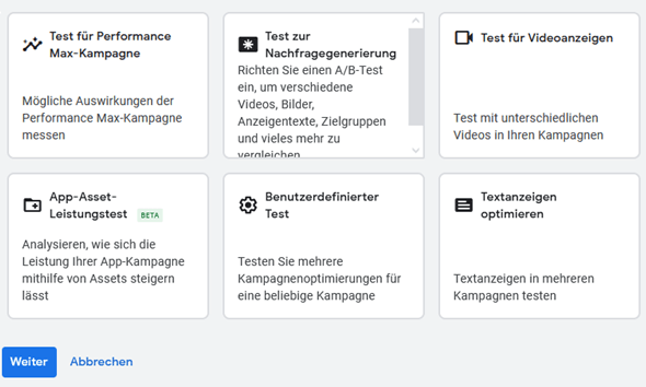 Google Ads A/B Testing: Testoptionen auswählen