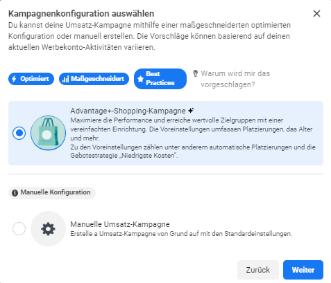 Meta Advantage+ Shopping Kampagnen einrichten Meta Advantage+ Shopping Kampagnen einrichten