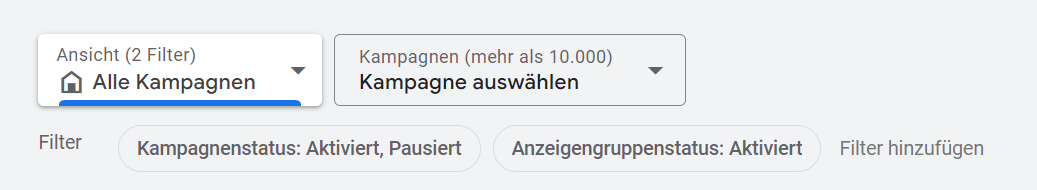 neue Google Ads Oberfläche: neue Kampagnenfilter (Screenshot aus Google Ads Account) neue Google Ads Oberfläche: neue Kampagnenfilter (Screenshot aus Google Ads Account)