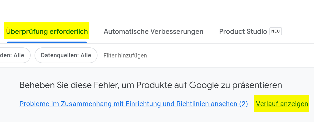 Google Merchant Center Next Verlauf anzeigen