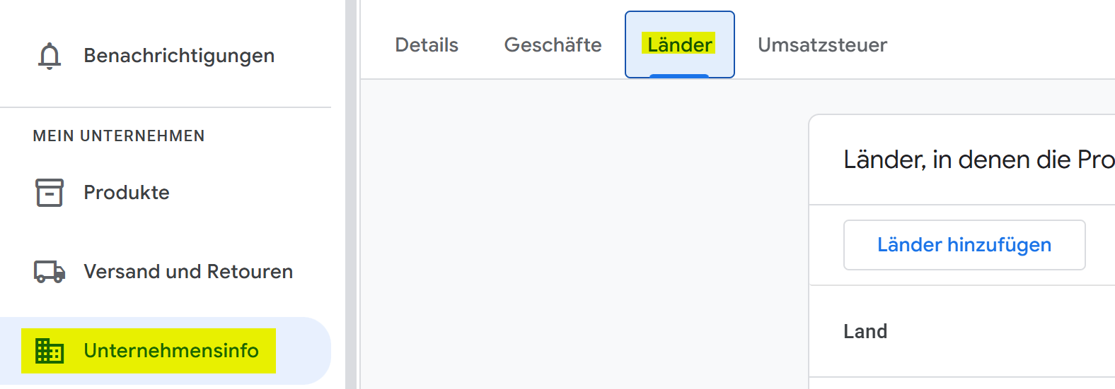 Google Merchant Center Next Unternehmensinfo