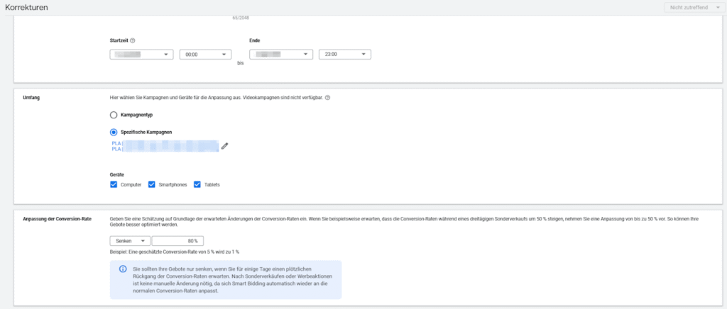 Google Ads Budget durch saisonale Korrektur der Conversionrate optimieren: Screenshot der genutzten Optionen im Google Ads Account